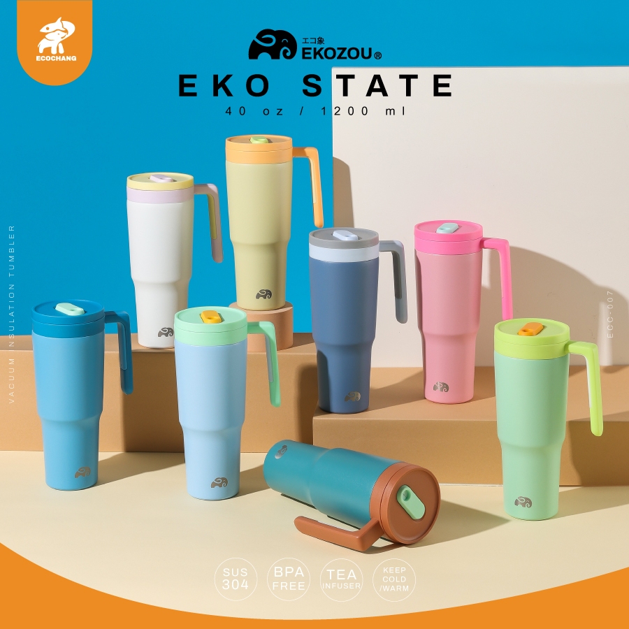 EKOZOU รุ่น EKO STATE แก้วน้ำสแตนเลส 304 ขนาด 40 ออนซ์ / 1200 มล. มีหูจับ มีหลอดดูด มีที่กรองผลไม้และชา
