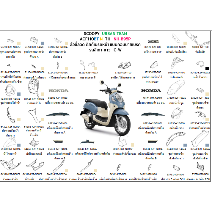 ชุดสี scoopyi 2022 ชุดสี สกูปปี๊ไอ 2022 เฟรม SCOOPY URBAN TEAM 2022 สีเทา-ขาว อะไหล่ HONDAแท้ 100% ขายชิ้น