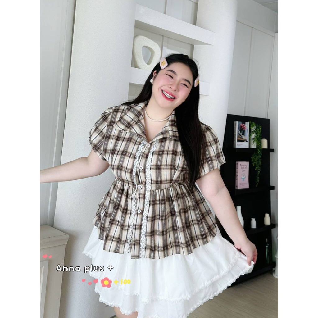 (อก38-52“)เสื้อเชิ้ตสาวอวบแต่งลูกไม้ลายสก็อต สม็อคเอว ผูกเข้าเอวตามขนาดจริงได้เลยน้ากำลังฮิตตอนนี้ Plussize (anna) - รูปที่ 2