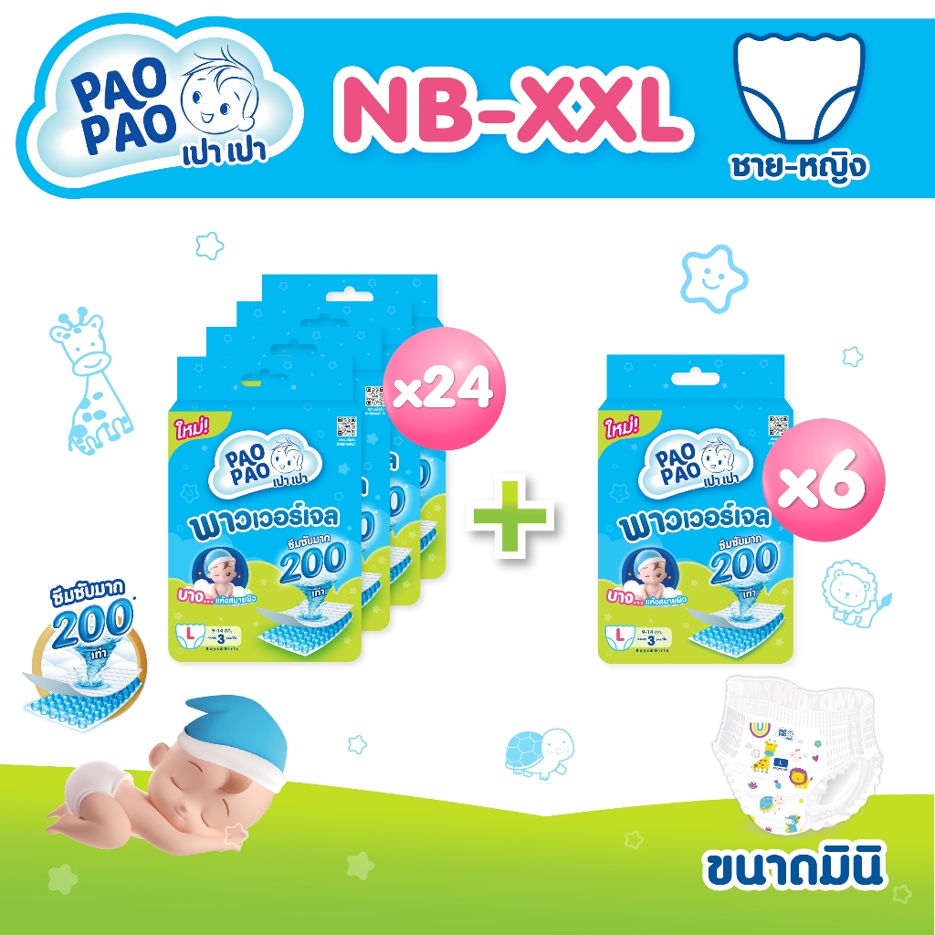 [มินิยกลัง] PAOPAO เปาเปา ผ้าอ้อมเด็ก ขนาดมินิ - บาง ซึมไว ใส่สบายไม่ตุงก้น ด้วยพาวเวอร์เจล Size NB-XXL