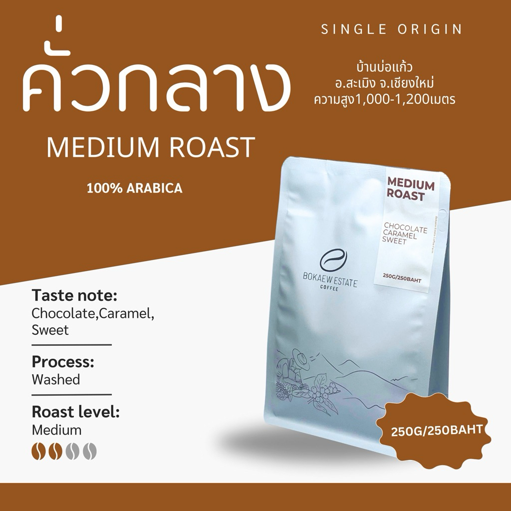 เมล็ดกาแฟคั่วกลาง บ้านบ่อแก้ว Medium Roast 1kg