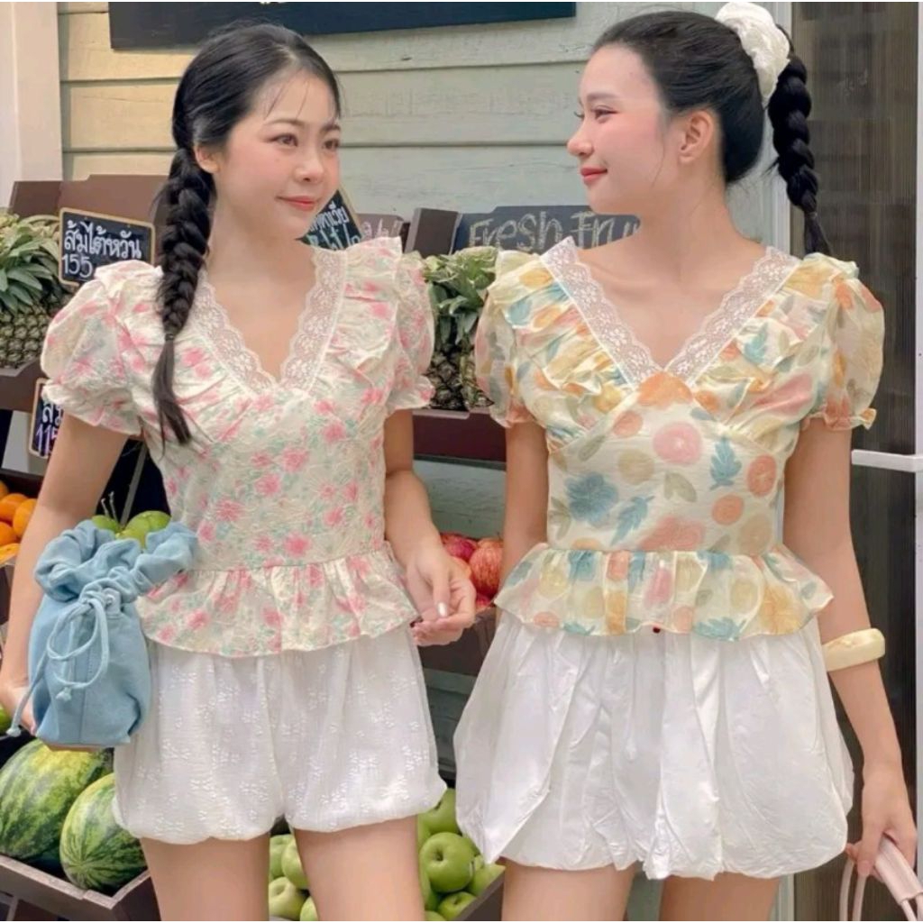 AN602-XL เสื้อลายดอกแขนตุ๊กตาขอบลูกไม้ ป้าย The Alner sz.XL