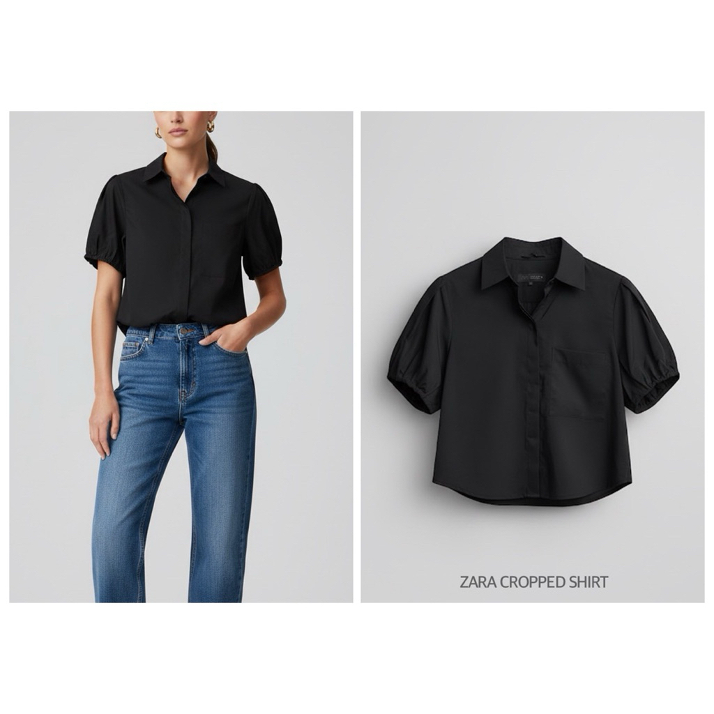 ZARA เสื้อเชิ้ต เสื้อสีดำ ทรงครอป แขนสั้น CROPPED SHIRT (A0206)