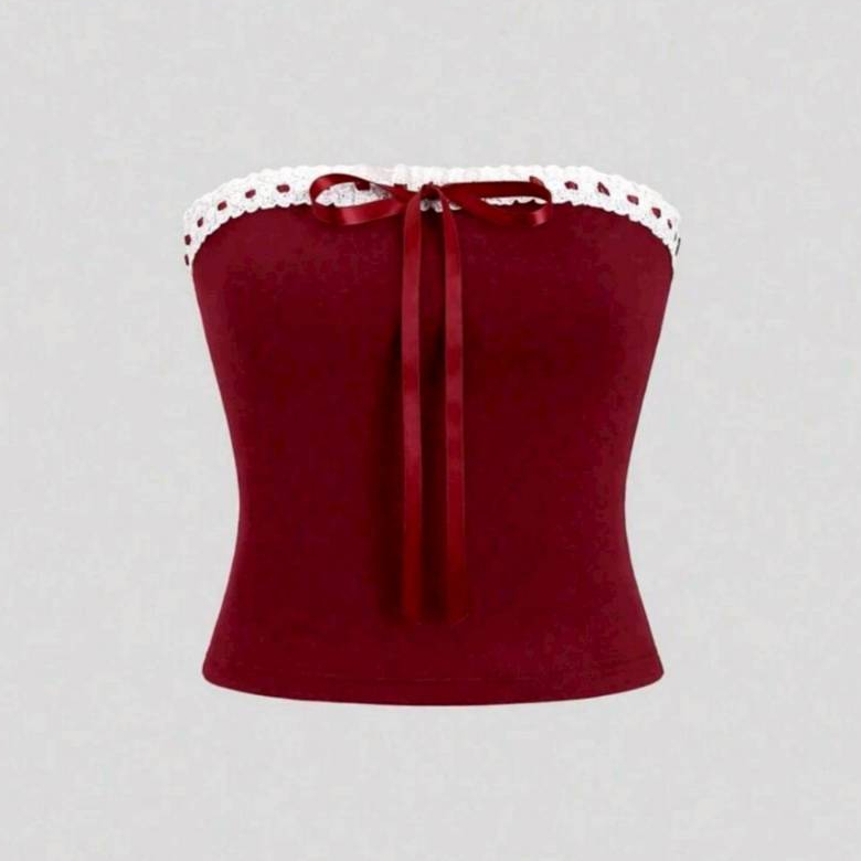 Crop TC25111 เสื้อเกาะอก ผูกโบว์แดงด้านหน้า