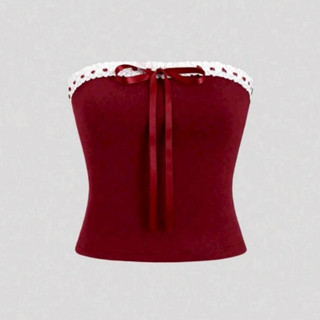 Crop TC25111 เสื้อเกาะอก ผูกโบว์แดงด้านหน้า