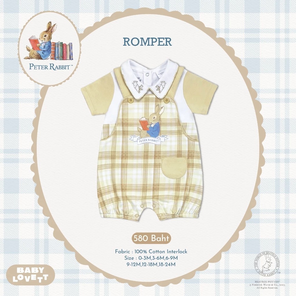 BabyLovett Peter Rabbit 2 ชุดรอมเปอร์แขนสั้นสีน้ำตาลสก็อต Romper