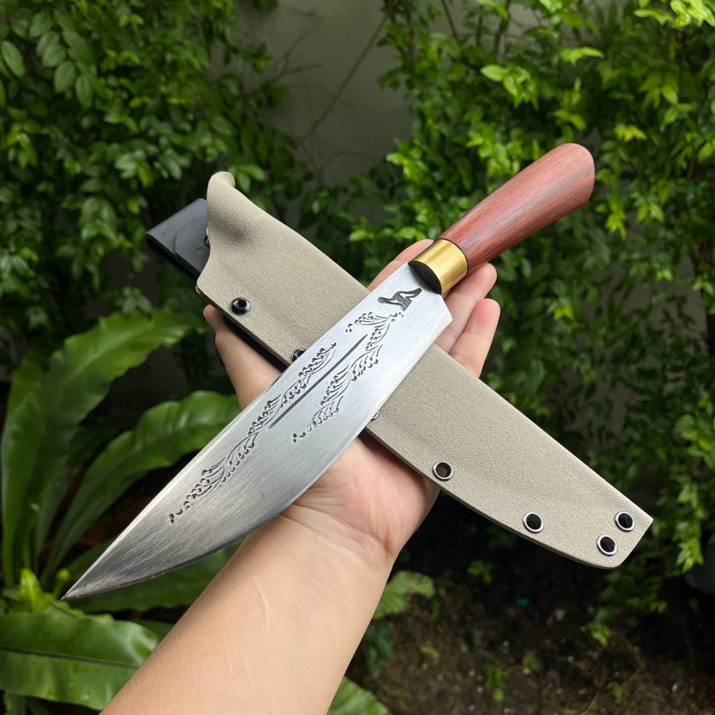 มีดควาญ Machete มีดจีหนองสอ Bowie มีดแคมป์ มีดเหน็บ  มีดเดินป่า ใบ 8.2” เหล็กตลป. ตีร้อน ด้ามไม้ชิงช