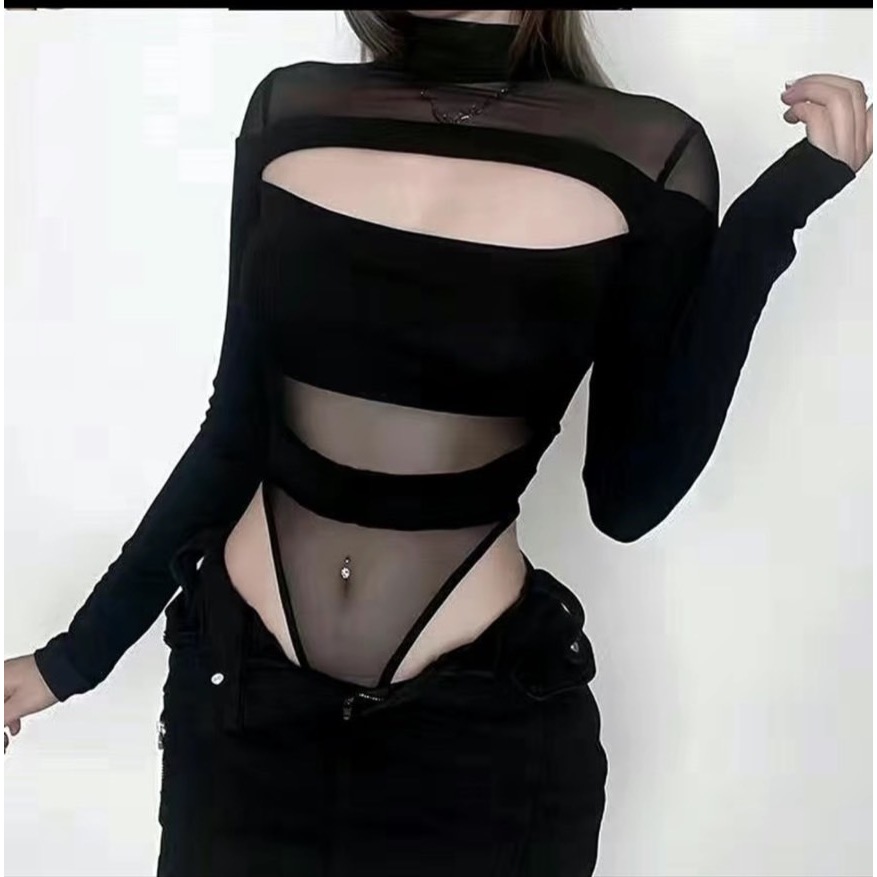 2bell บอดี้สุทแขนยาวคอเต่าผ้าซีทรูสวยๆน่ารักๆมีกระดุมแป๊กตรงเป้าเซ๊กซี่มากๆ(lb42)