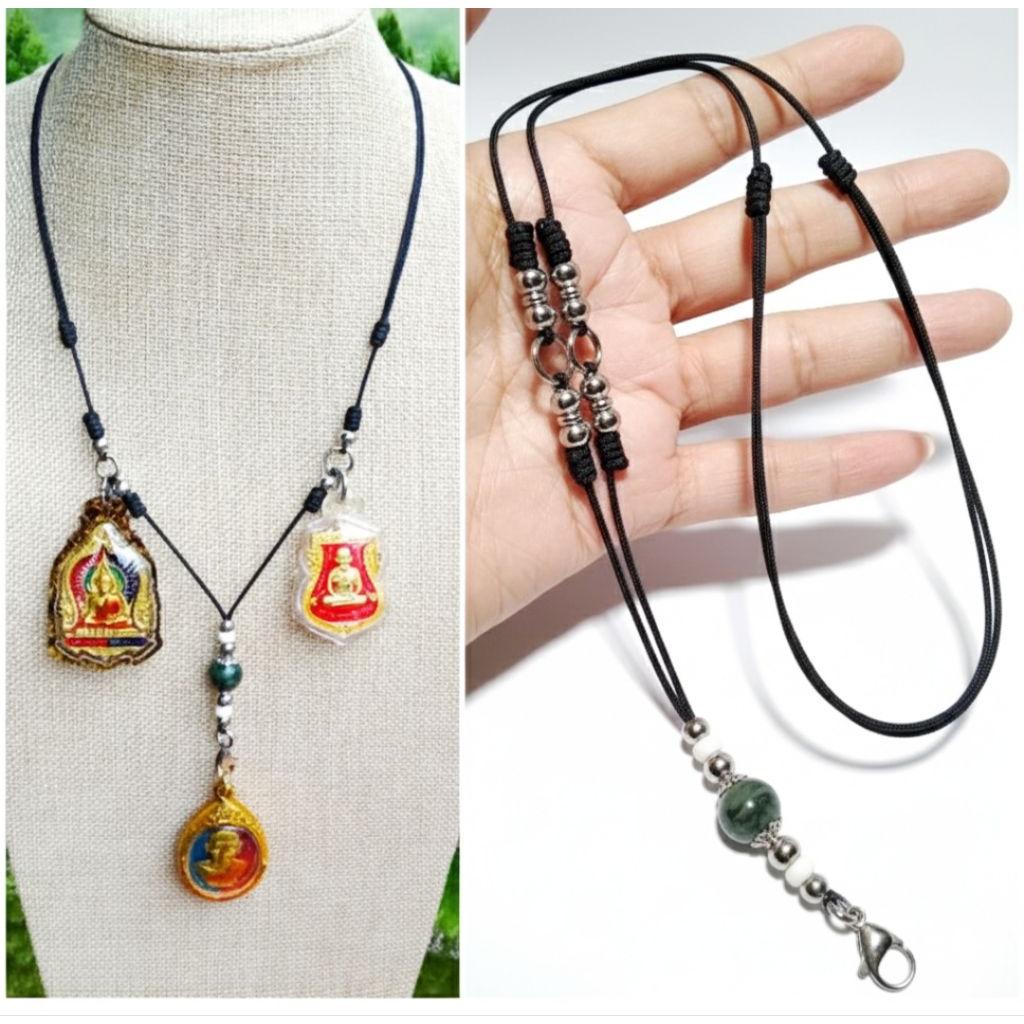 สร้อยพระเชือกร่ม 1.2มิล คั่นเม็ดหยกเขียว ห้อยพระได้ 3องค์ แต่งสแตนเลส