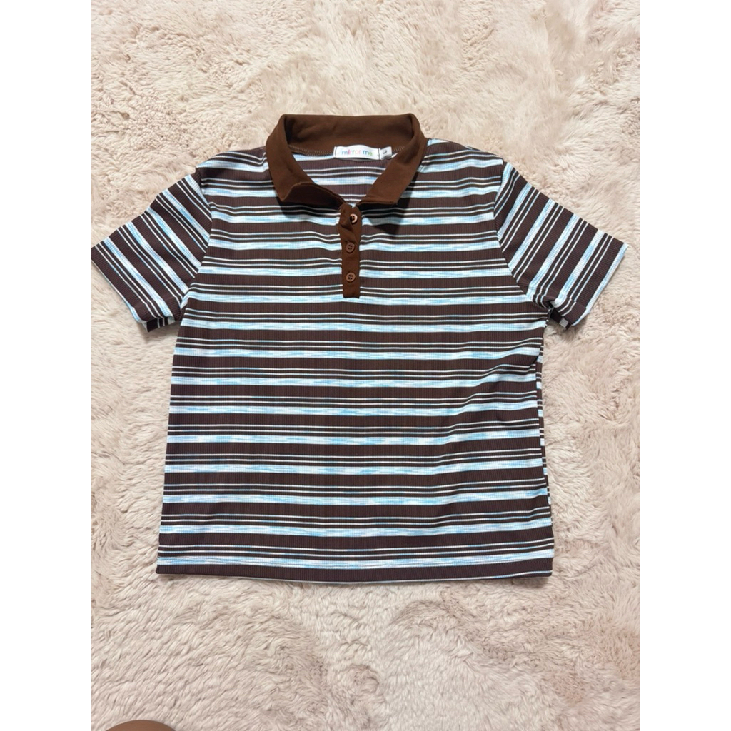 [พร้อมส่ง][มือ1] ส่งต่อ TopChoice mirrorme เสื้อโปโล ลายริ้ว กระดุมหน้า สีน้ำตาล-ฟ้า size อก 34-42 ท