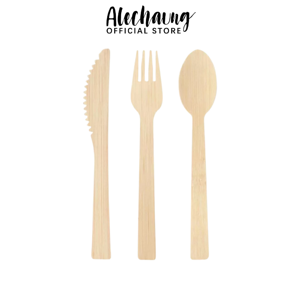 Alechaung ช้อนไม้ใช้แล้วทิ้ง 50ชิ้น ช้อนไม้ ส้อมไม้ ช้อนตักขนม ช้อน ส้อม มีด แบบใช้แล้วทิ้ง wooden spoon