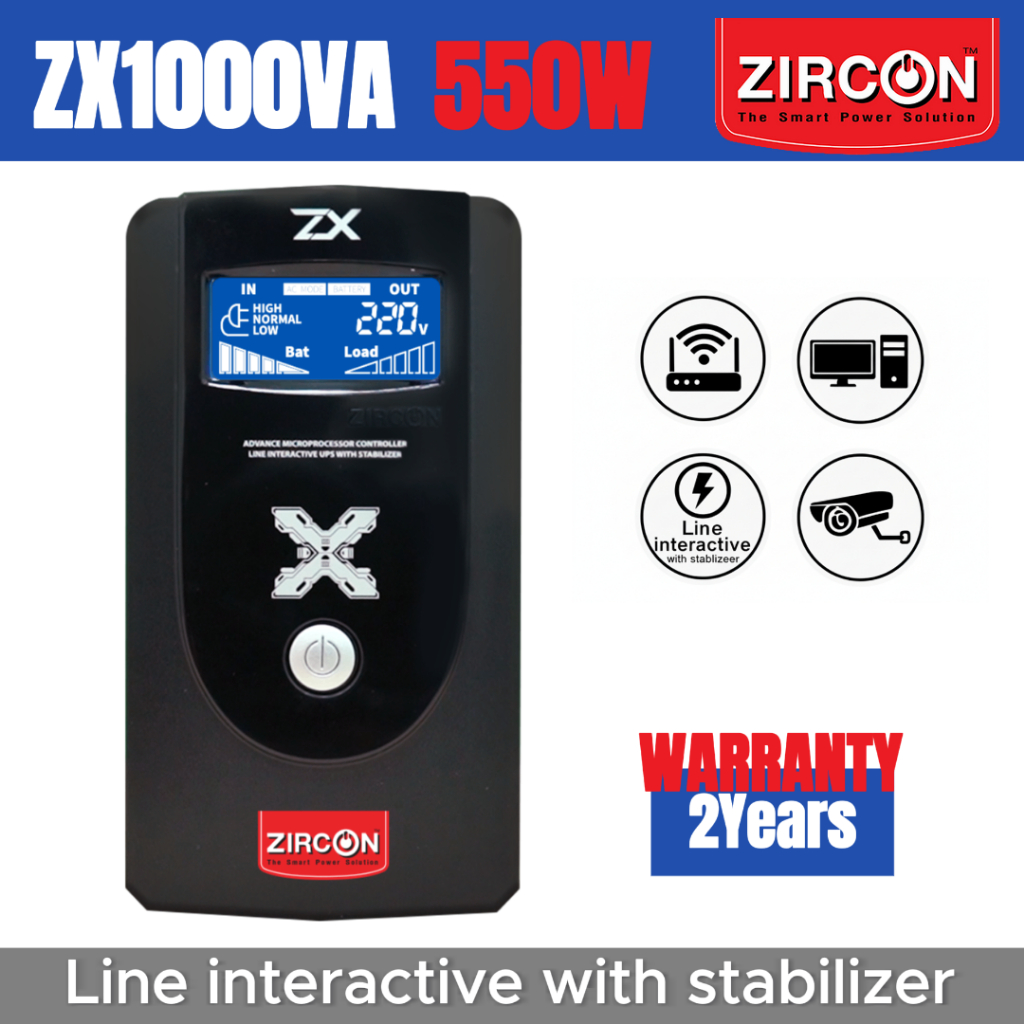 ZIRCON UPS เครื่องสำรองไฟ  ZX 1000VA/550W Line interactive with stabilizer 2 years warranty