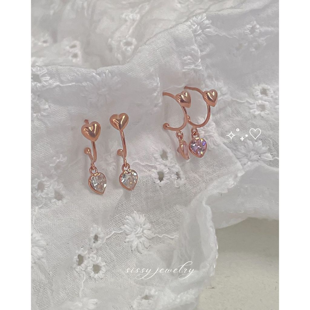 SissyJewelry // ต่างหูเงินแท้ Heart with heart gem drop hoop stud (rosegold-plated)