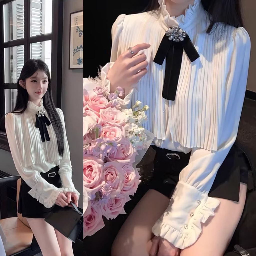 🕊️พร้อมส่ง🕊️เสื้อเชิ้ตคอสูงเกรดพรีเมี่ยมระบายอัดพลีท เข็มกลัดเพชรโบว์เอาออกได้คะ