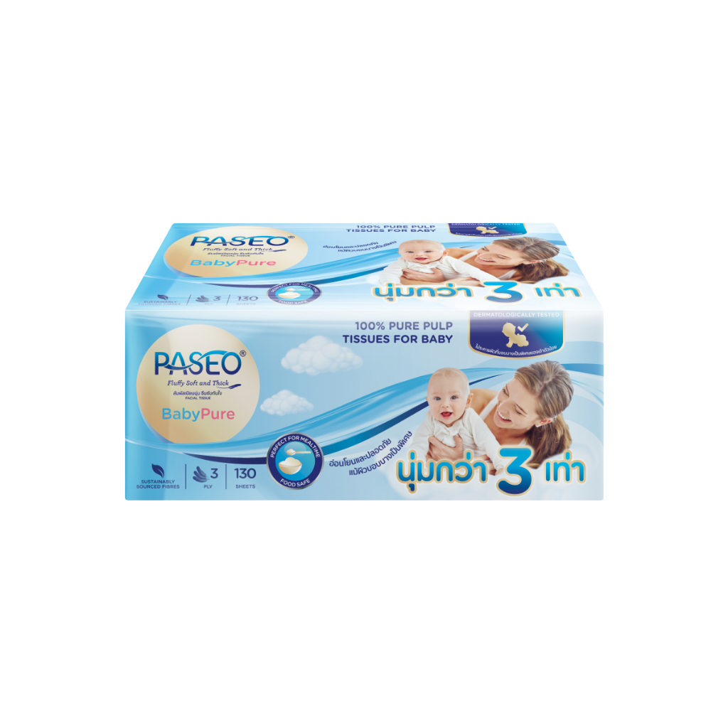 [ยกลัง] PASEO Baby Pure พาซิโอกระดาษทิชชู่หนา 3 ชั้น 130 แผ่น บรรจุ 12 แพ็ก รูปที่ 2