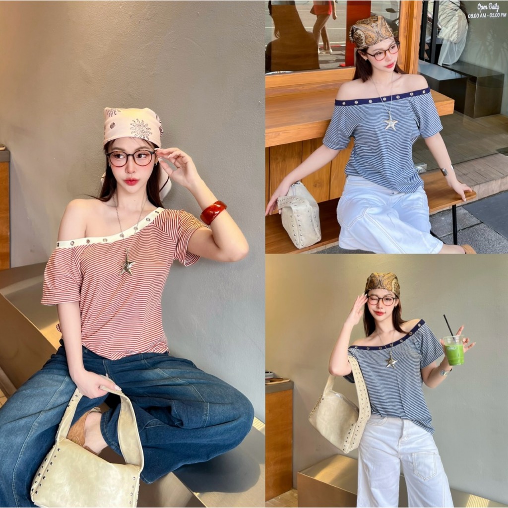 Stripe Eyele *ผ้าริ้ว* เสื้อครอปปาดไหล่แต่งห่วง เสื้อยืดผ้านิ่มลายริ้ว ปาดไหล่แต่งห่วง น่ารัก สาวอวบ SHEENY (S041)