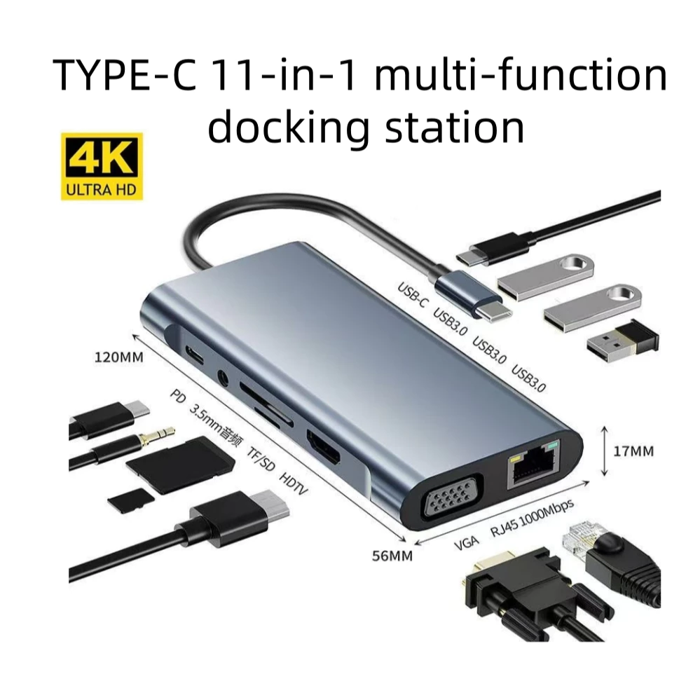 TYPE C LAN Hub 11 in 1 USB การถ่ายโอน ความเร็วสูง เครื่องอ่านการ์ดSD TF ช่อง HD/VGA คอมพิวเตอร์