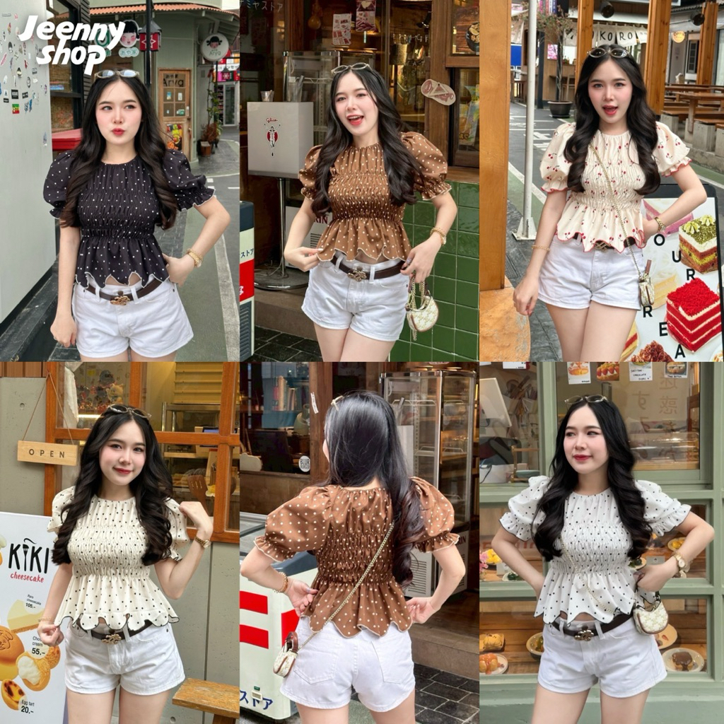 เสื้อคอกลมแขนตุ๊กตา ดึงยางสม็อคช่วงอกผ้าดี ใส่สบาย ยืดได้เยอะ น่ารักมาก