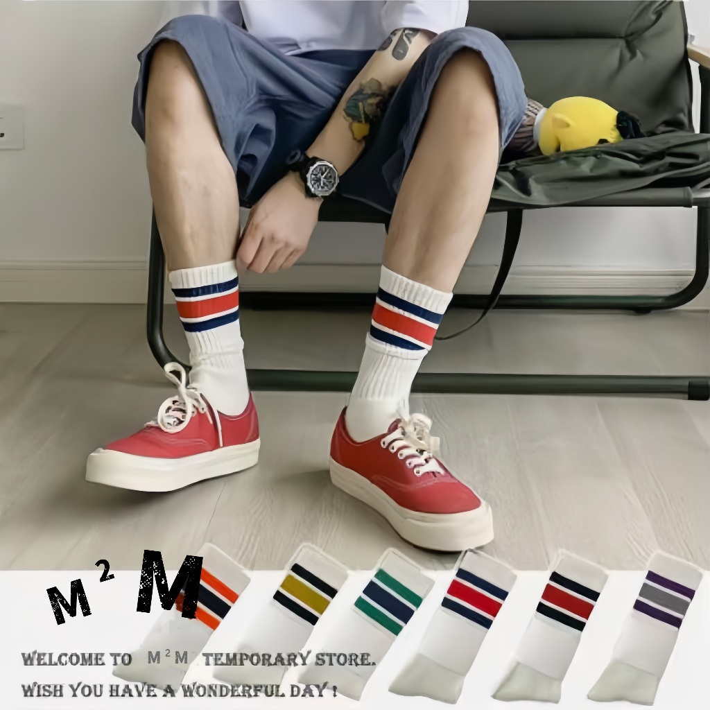 🧦 ถุงเท้าลายขีด ผ้าฝ้ายแท้ ใส่ได้ทั้งชายหญิง สไตล์วินเทจ นุ่มสบาย ระบายอากาศดี