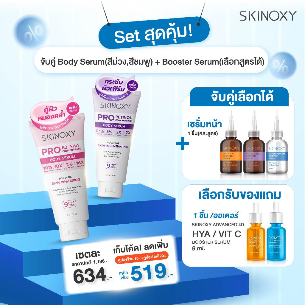 [เซ็ตสุดค้ม 3 แถม 1] SKINOXY Pro Body Serum ขนาด 275ml 2 ชิ้น และเซรั่มหน้า ขนาด 30ml รับของแถมฟรี