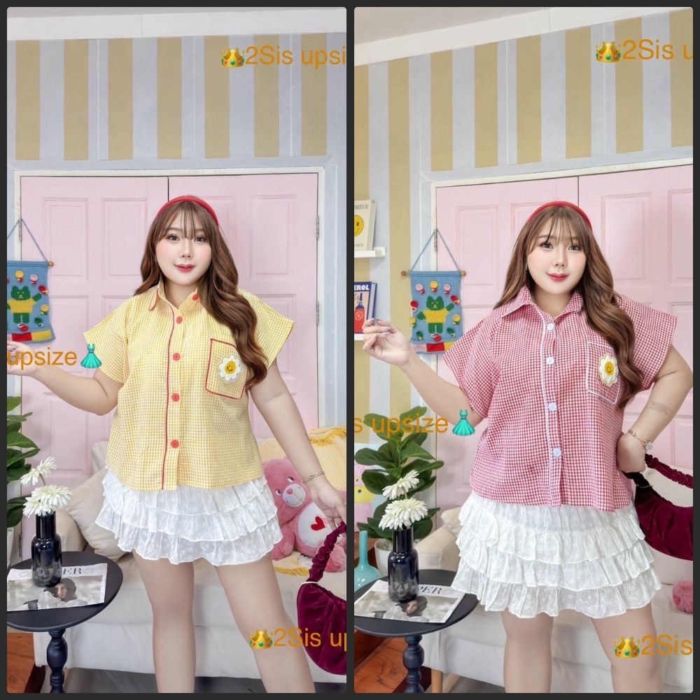 เสื้อสไตล์Korea เสื้อเชิ้ตลายสก็อต เสื้อสาวอาบอ้วน กระปักรูปการ์ตูน ไวส์ M อก 44-50 L อก 48-56 นิ้ว ยาว 25 นิ้ว แขนกว้าง