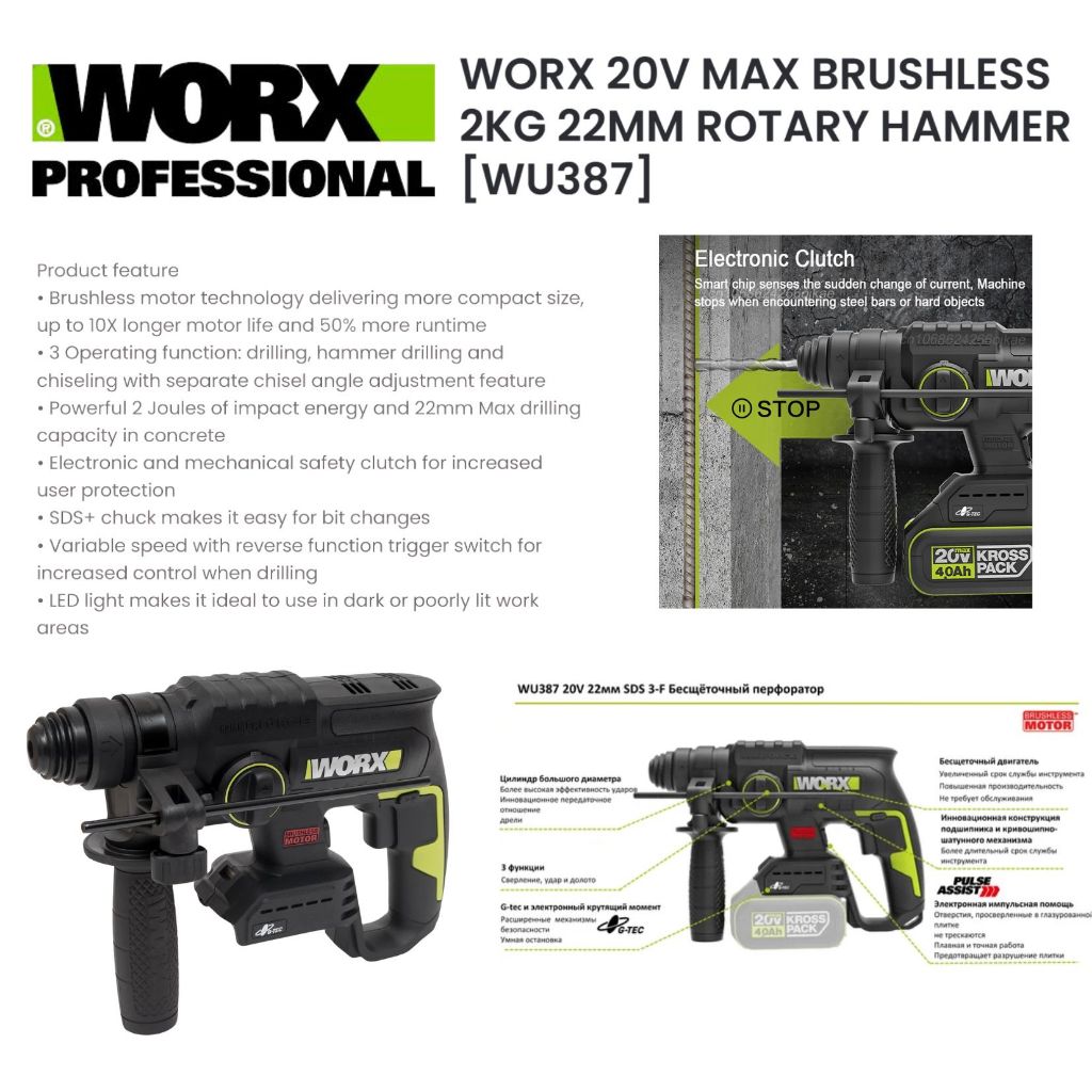 WORX WU387.9 สว่านโรตารี่ ไร้สาย 20V