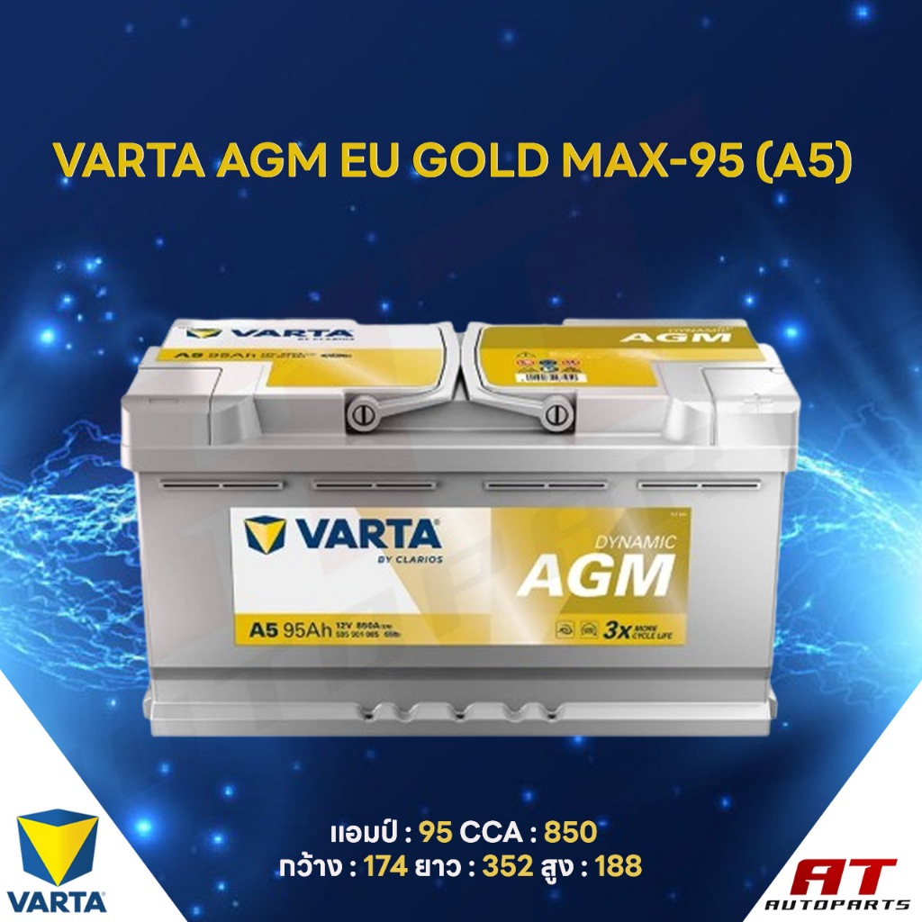 แบตเตอรี่ Battery VARTA รุ่น AGM EU GOLD MAX-95 (A5) สำหรับ Benz BMW รถยุโรป (ไม่ต้องดูแลน้ำกลั่น)
