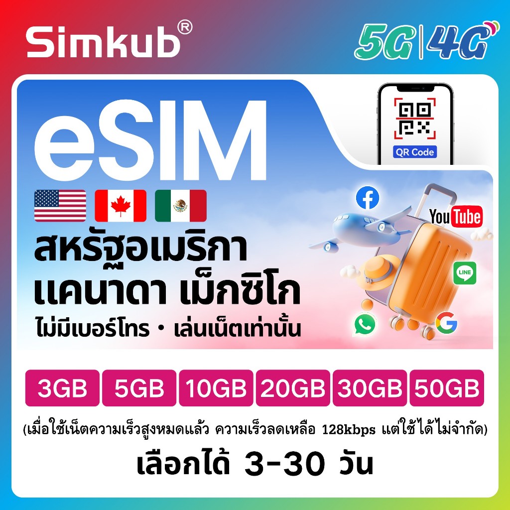 eSIM USA&Canada&Mexico ใช้ได้ใน 3 ประเทศ ซิมท่องเที่ยว เน็ต 3-50GB รองรับ 5G/4G เลือกได้ 3-30 วัน