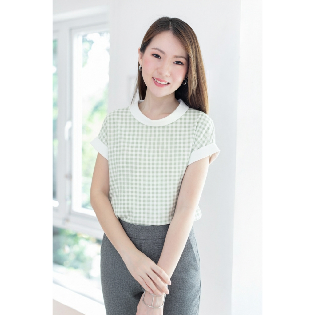 Narinari : MT2514 Contrast Collar Blouse เสื้อคอม้วนแขนล้ำ ทรงสบายๆ ผ้าเนื้อเนียน