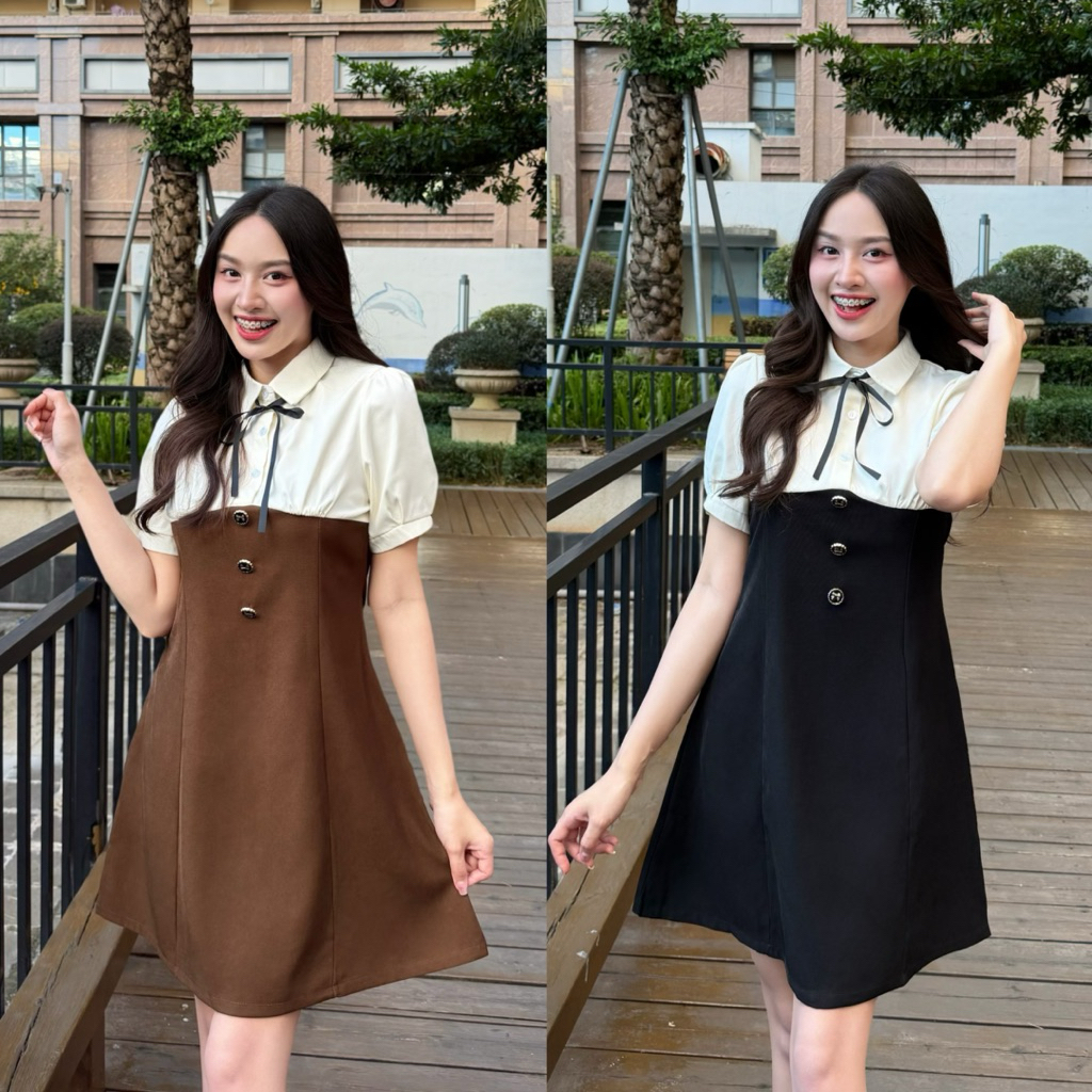 【Karlyn】FZ-CC-I36# มินิเดรสเเขนพอง คอปก ผูกโบว์  เดรสน่ารักสไตล์ฝรั่งเศล น่ารักมากๆ