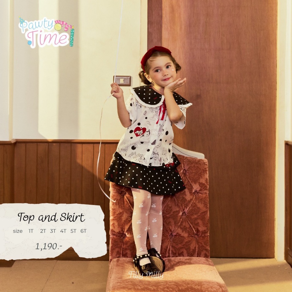 เซ็ทเสื้อคอปกกระโปรงสั้นเด็กผู้หญิง ลายจุดน้องหมา (สีขาว) – Pawty Time Collection