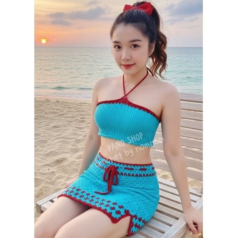 SALE ! ! พร้อมส่ง ชุดเซ็ท 2 ชิ้น เสื้อไหมพรม+กระโปรงสั้น งานแฮนด์เมด