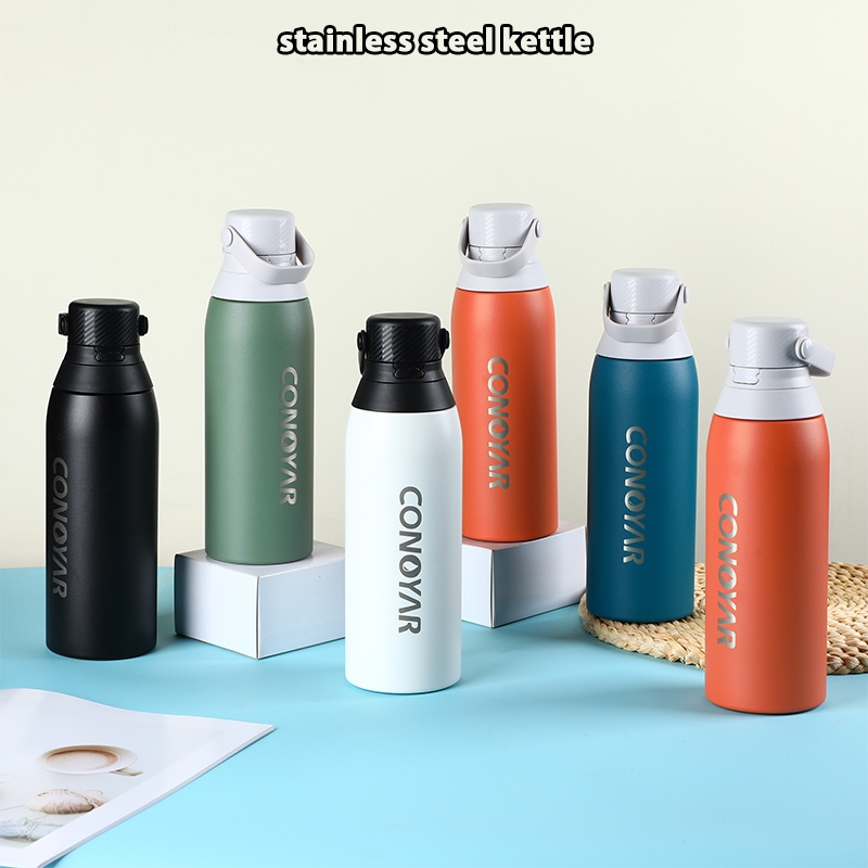 CONOYAR พกพา  กีฬากาต้มน้ำ 304 500ML สแตนเลสฉนวนถ้วยสองชั้นดูดฟางตีกลับปกแบบพกพา สไตล์เรียบง่าย T01237