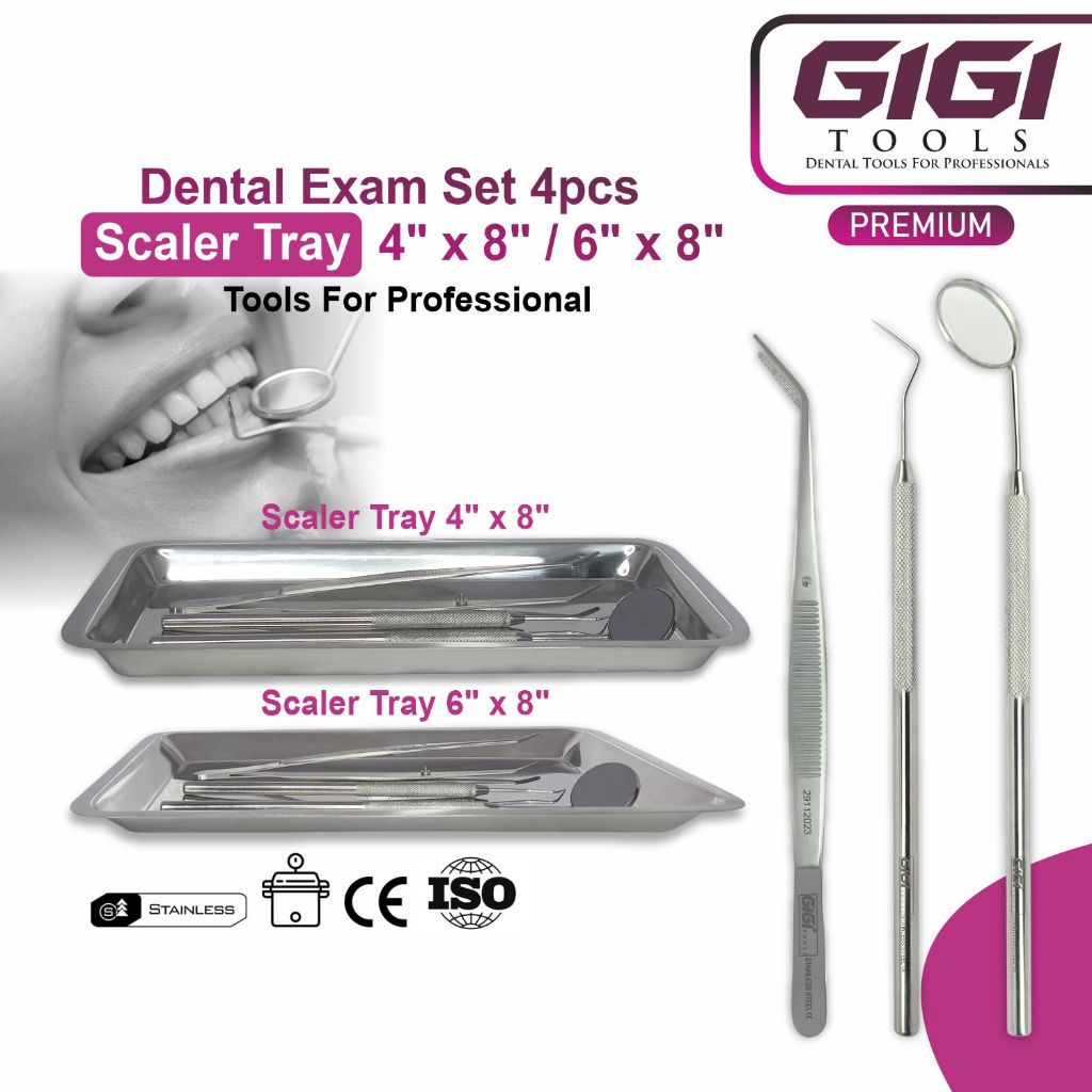 GIGI Tools ชุดตรวจฟัน 3-4 ชิ้น เกรดพรีเมียม (Mirror/Probe/Tweezer/Tray) Dental Exam Set มีใบรับรองCE