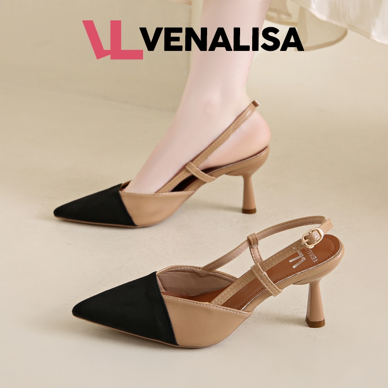 Venalisa รองเท้าส้นสูงแฟชั่น กระบวนการต่อสาย สักหลาด หนัง 3.1 นิ้ว งานออฟฟิศ งานแต่งงาน งานสังสรรค์