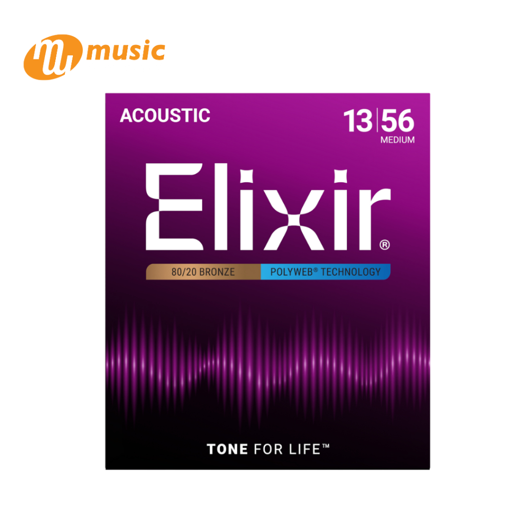 สายกีตาร์โปร่ง Elixir®  80/20 Bronze " เคลือบ  Polyweb " ( Medium เบอร์13-56 )#11100