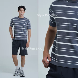 StylePop เสื้อคอกลมทรงเกาลี เสื้อผู้ชาย ผ้าถักลายทาง (ผ้านุ่มใส่สบาย) Knit Polo Shirt SM21