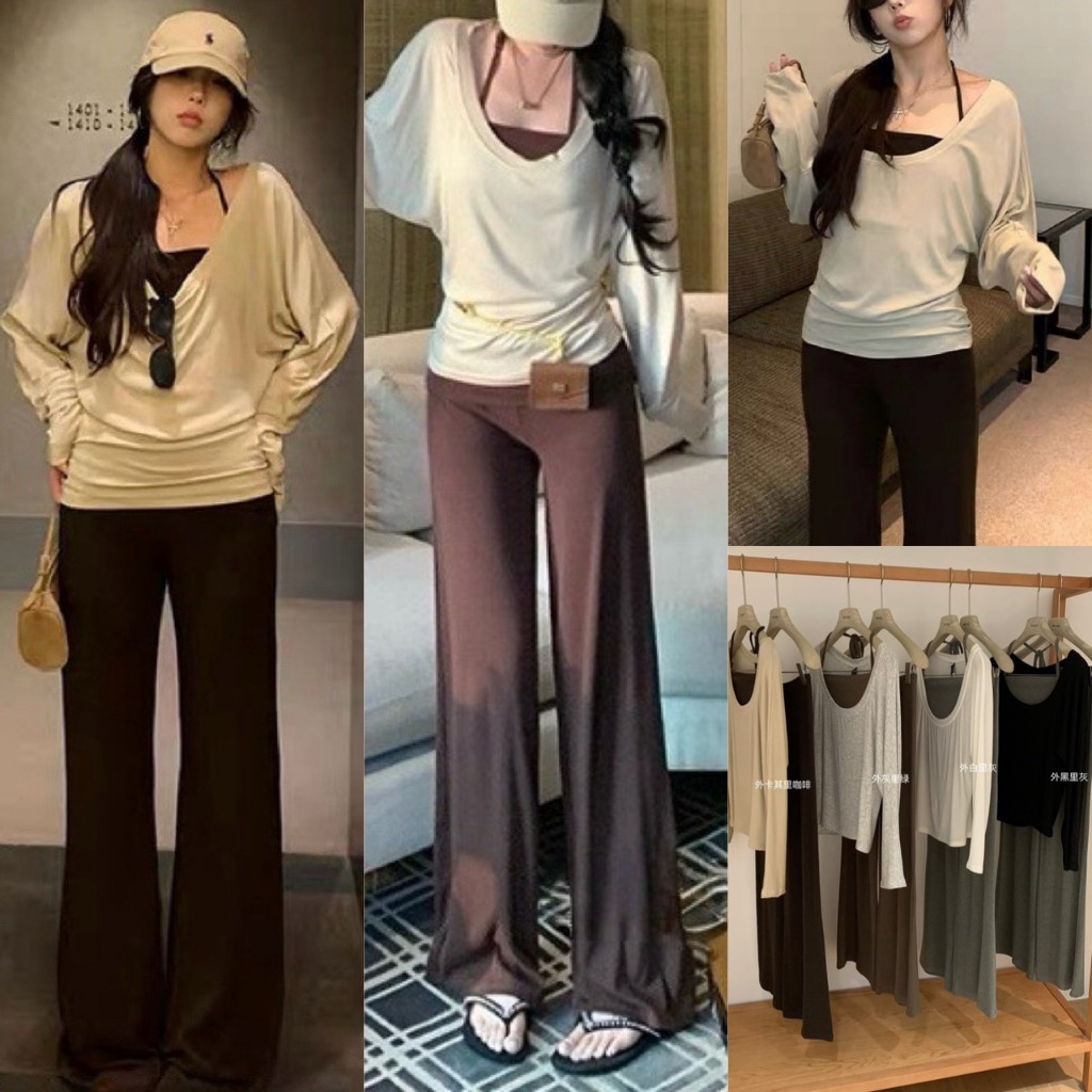 ❤ 🧵 🇰🇷 W7002 เซ็ท 3 ชิ้น เสื้อแขนยาว และเสื้อสายเดี่ยวคล้องคอ มาพร้อม กางเกงขายาว แฟชั่นเกาหลี TAG WG.WE ✈