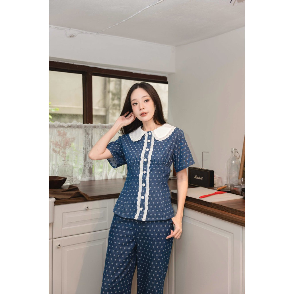 ร174 polka dot set ผ้ายีนส์ลายจุดขายาวน่ารัก