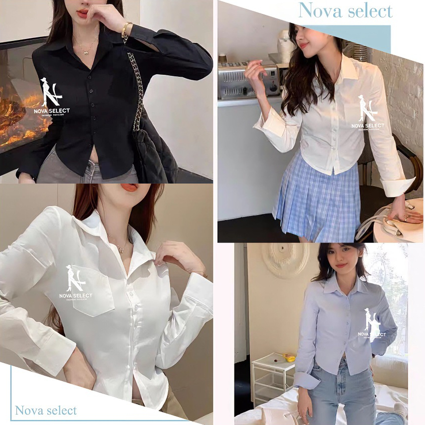 เสื้อเชิ้ตแขนยาวครอป เสื้อแฟชั่นผู้หญิง สไตล์เกาหลี เว้าเอว งานรัดรูป ผ้าคัตตอล Lady Clothing