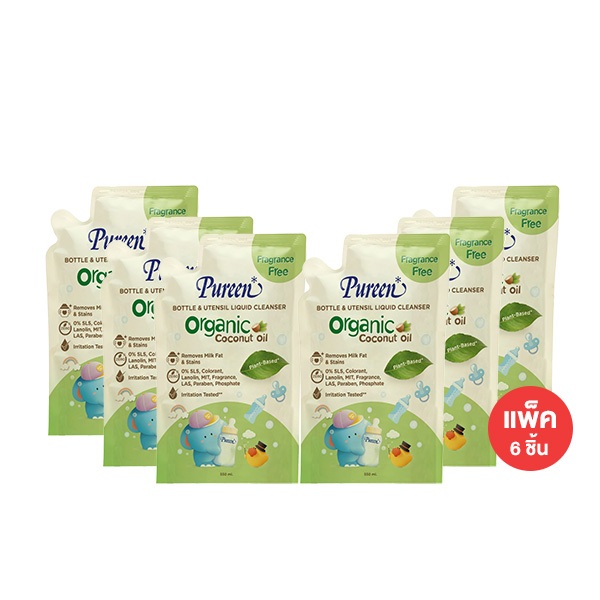 [แพ็ค 6 ชิ้น] Pureen เพียวรีน น้ำยาล้างขวดนม สูตรออร์แกนิค กลิ่น Fragrance Free (รีฟิล) 550 ml