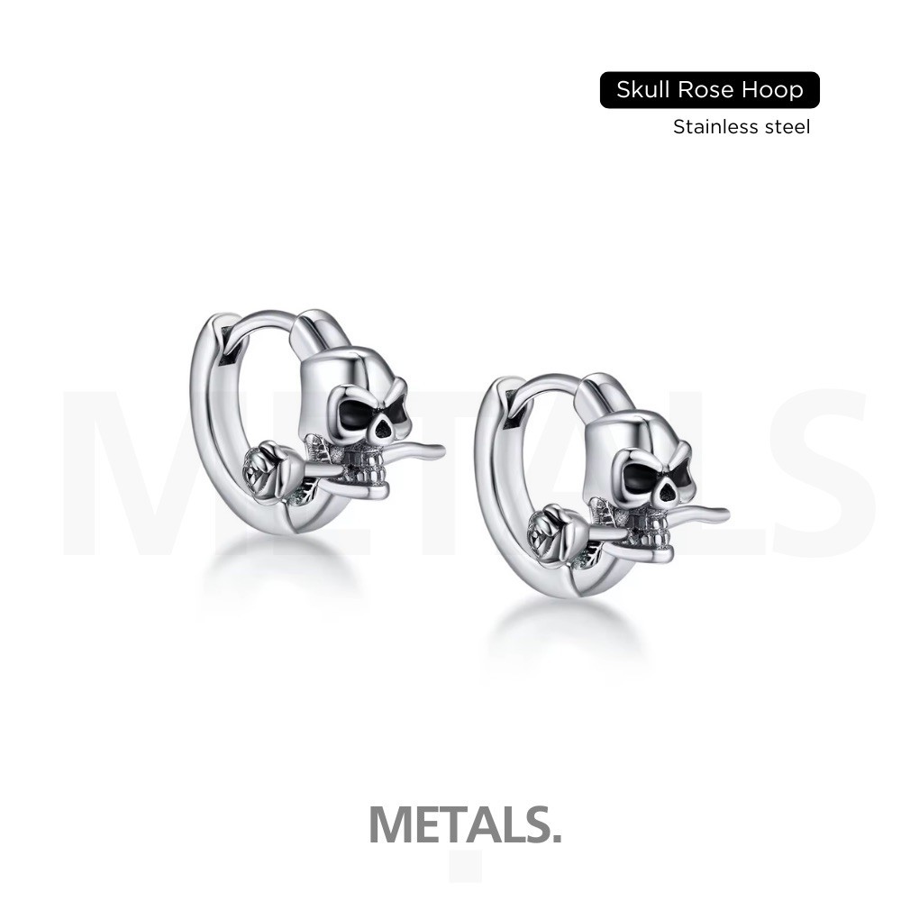 METALS ต่างหูห่วง Skull Rose Hoop สแตนเลส (WATERPROOF) EH18