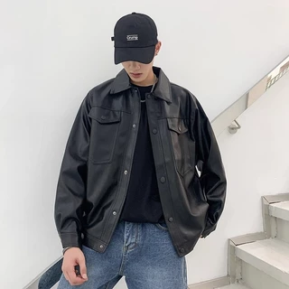 beerbroth-เสื้อแจ็คเก็ตหนังผู้ชาย หนังสีดำ แขนยาว ทรงหลวม สีพื้น แฟชั่นฤดูใบไม้ร่วงใหม่ สตรีทสไตล์อเมริกันย้อนยุค