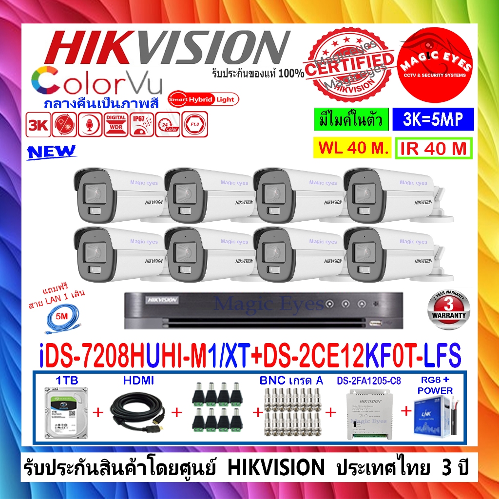 HIKVISION ชุดกล้องวงจรปิด ColorVu 3K DS-2CE12KF0T-LFS,DS-2CE12KF0T-FS 2.8,3.6(8)+iDS-7208HUHI-M1/E(E