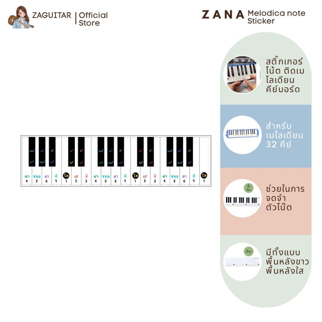 สติ๊กเกอร์เมโลเดียน ZANA Melodian Melodica Sticker ขนาด 27 / 32 คีย์