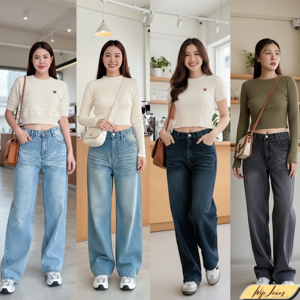 กางเกงยีนส์ขากระบอกใหญ่เอวต่ำทรงสวย4สีให้เลือกมีไซส์ใหญ่ S-5XL B060