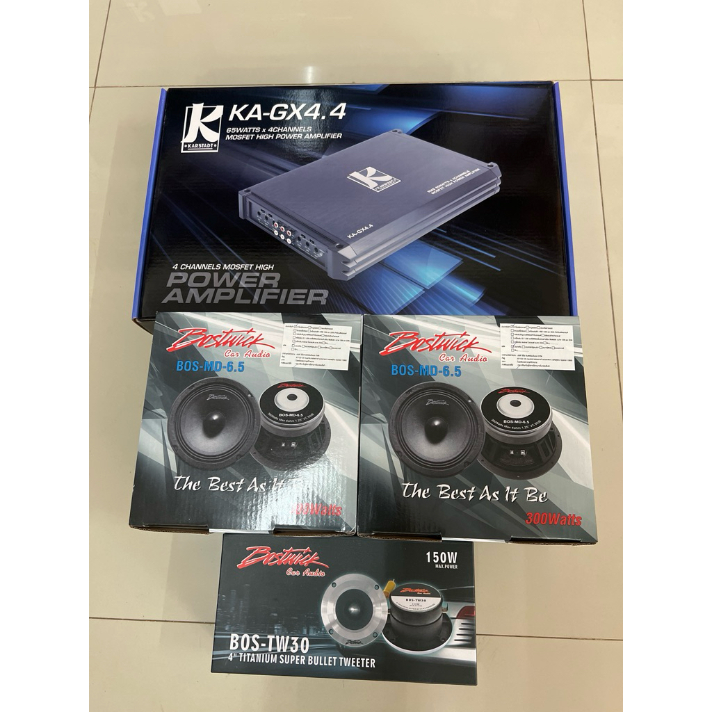 ชุดละ 4875บาท 6.5“กลาง Bostwick 1คู่ แหลมจาน Bostwick 1คู่ 4Ch KARSTADT 1ตัว ลำโพงติดรถยนต์