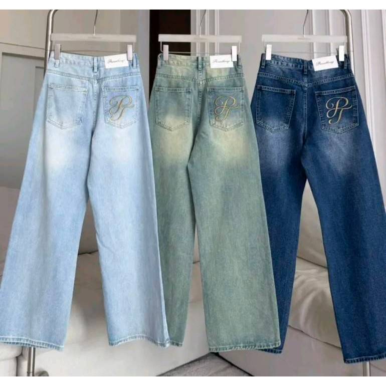 PTJ30297 กางเกงยีนส์ขายาวกระบอกกลางปักโลโก้ PROMTHONG
