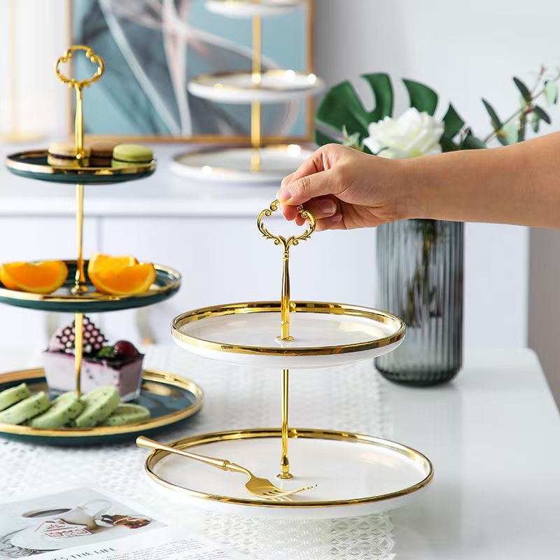 จานตั้งหลายชั้นขอบทองสุดหรูคุณภาพสูง จานขนมจัดเลี้ยง 2 ชั้น และ 3 ชั้น จาน 3 ชั้น เครื่องครัวสุดหรูพร้อมด้ามจับทอง - รูปที่ 5