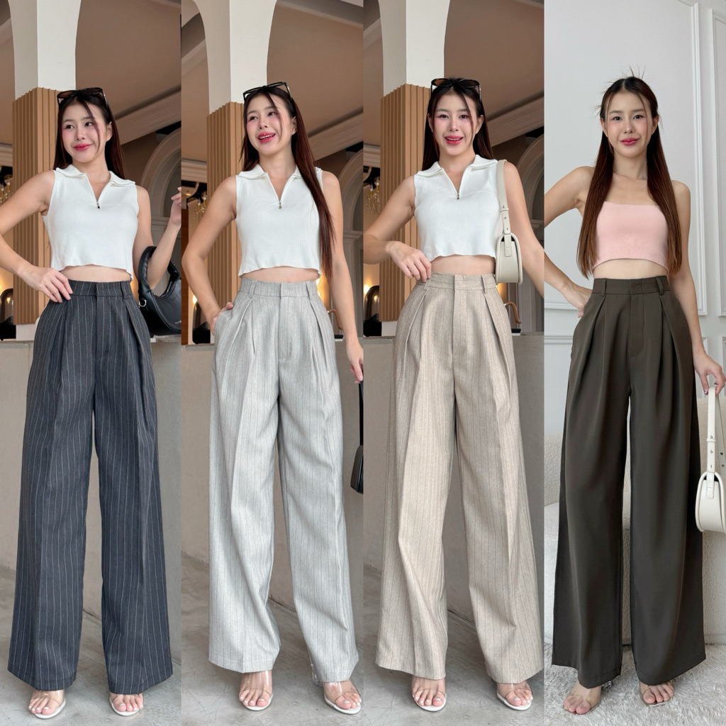 กางเกงขากระบอกใหญ่ ดีเทลจีบทวิส ผ้าลิลลี่พรีเมียร์